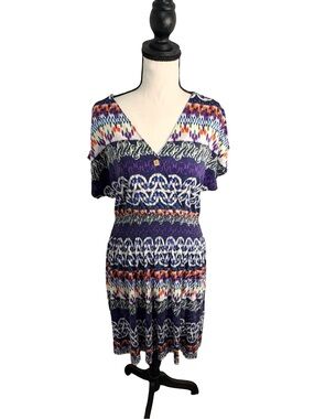 Tory Burch Arjeta 100% Silk Printed Smocked Waist Midi Dress Size L